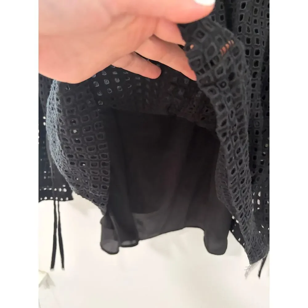 J. Crew Point Sur Black Eyelet Overlay Cutout Long Sleeve Blouse Size 12